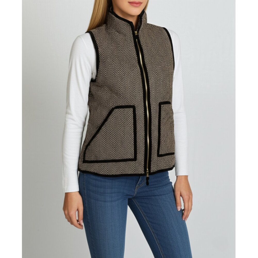 J. Crew Full Zip Puffer Quilted Vest Herringbone Print Brown Black Small